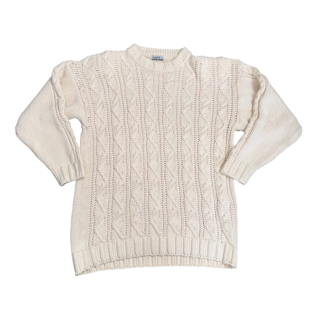 Zero Cable Knit Sweater Unisex 36 Cream Excellent Cotton Fisherman Pullover